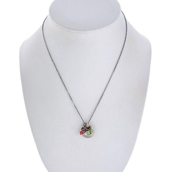 Paw Print Disk Red Green Crystal Pearl Necklace | Sterling Silver 925 | 15.5" - Picture 2 of 5